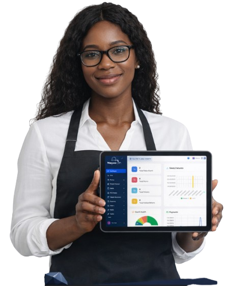 woman holding tablet with novas